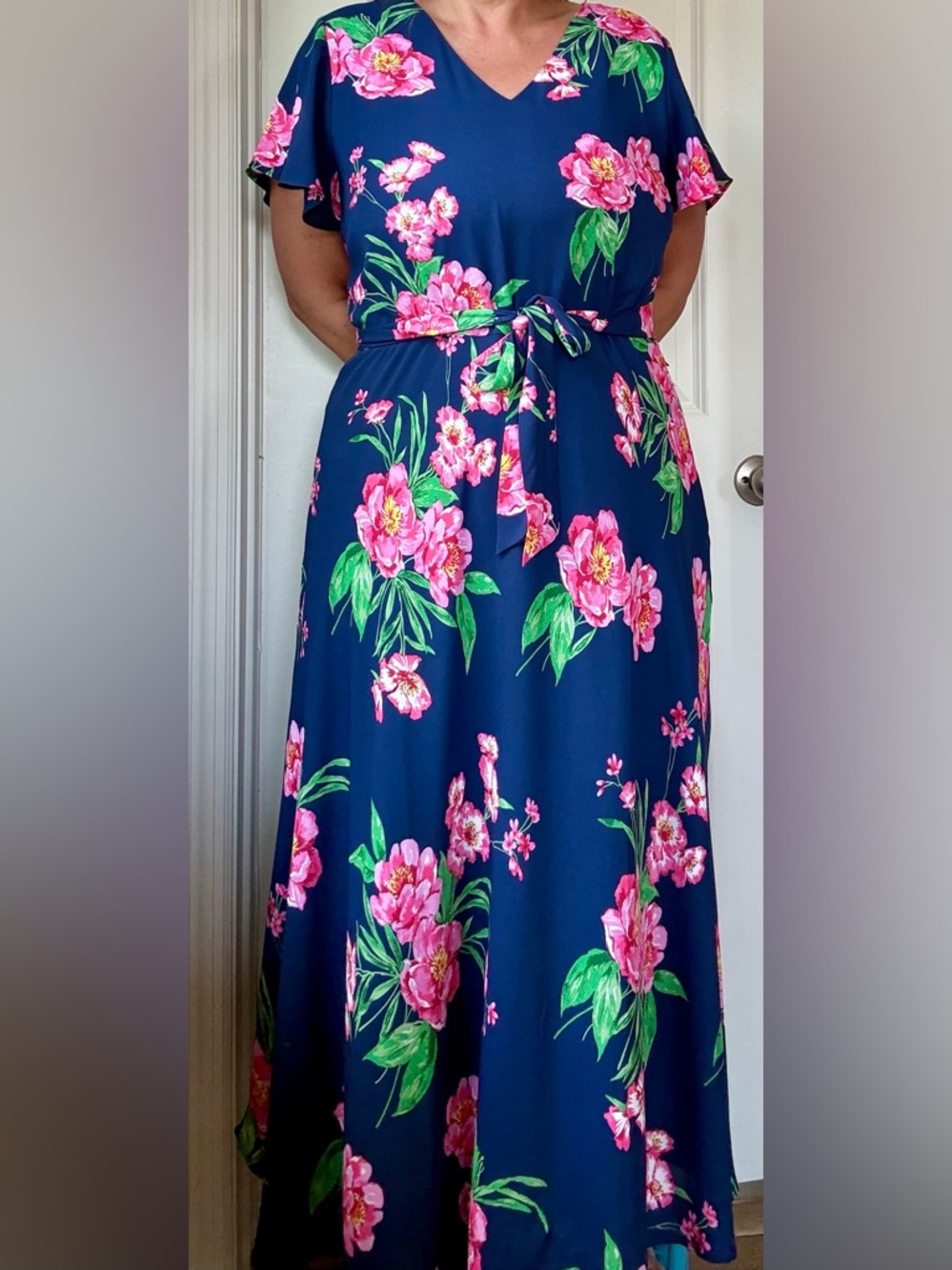 Floral Navy Maxi Skirt with Pink Bloom Print